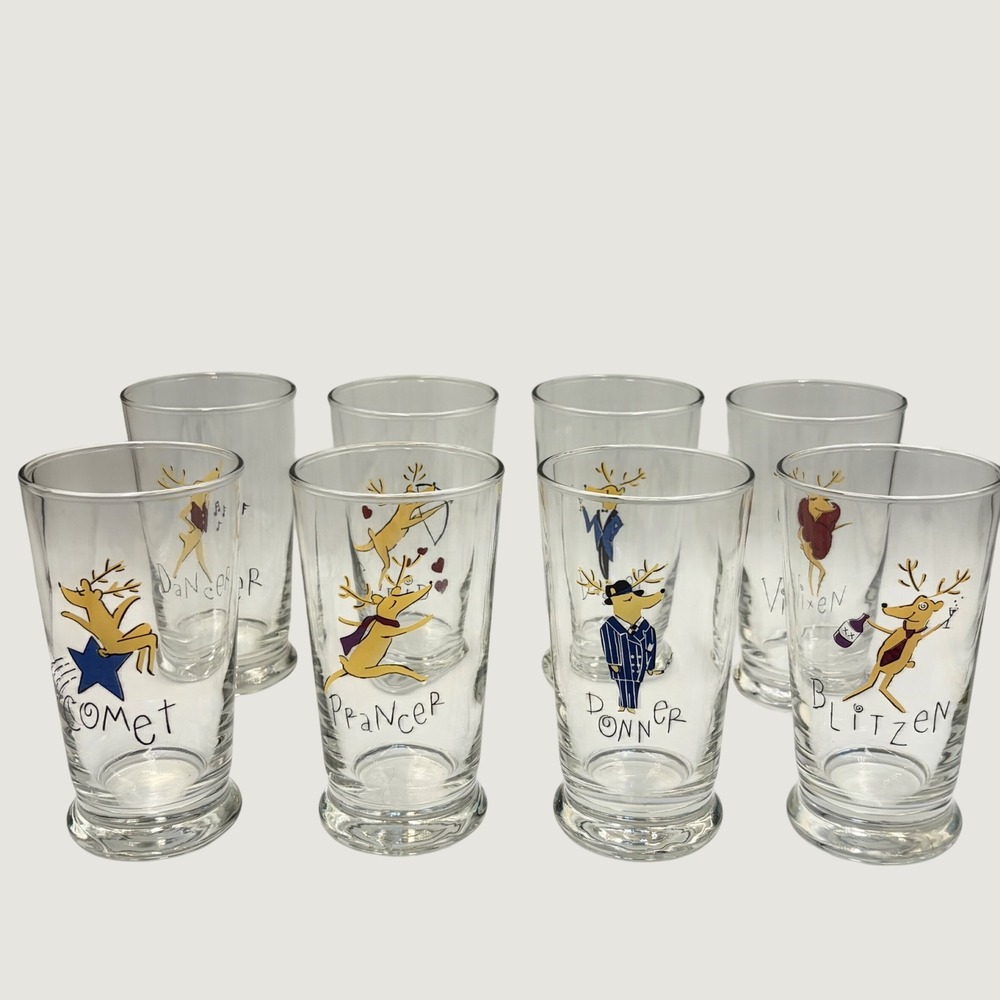 Pottery Barn Christmas Santas Reindeer Highball Glasses Holiday Barware Set of 8